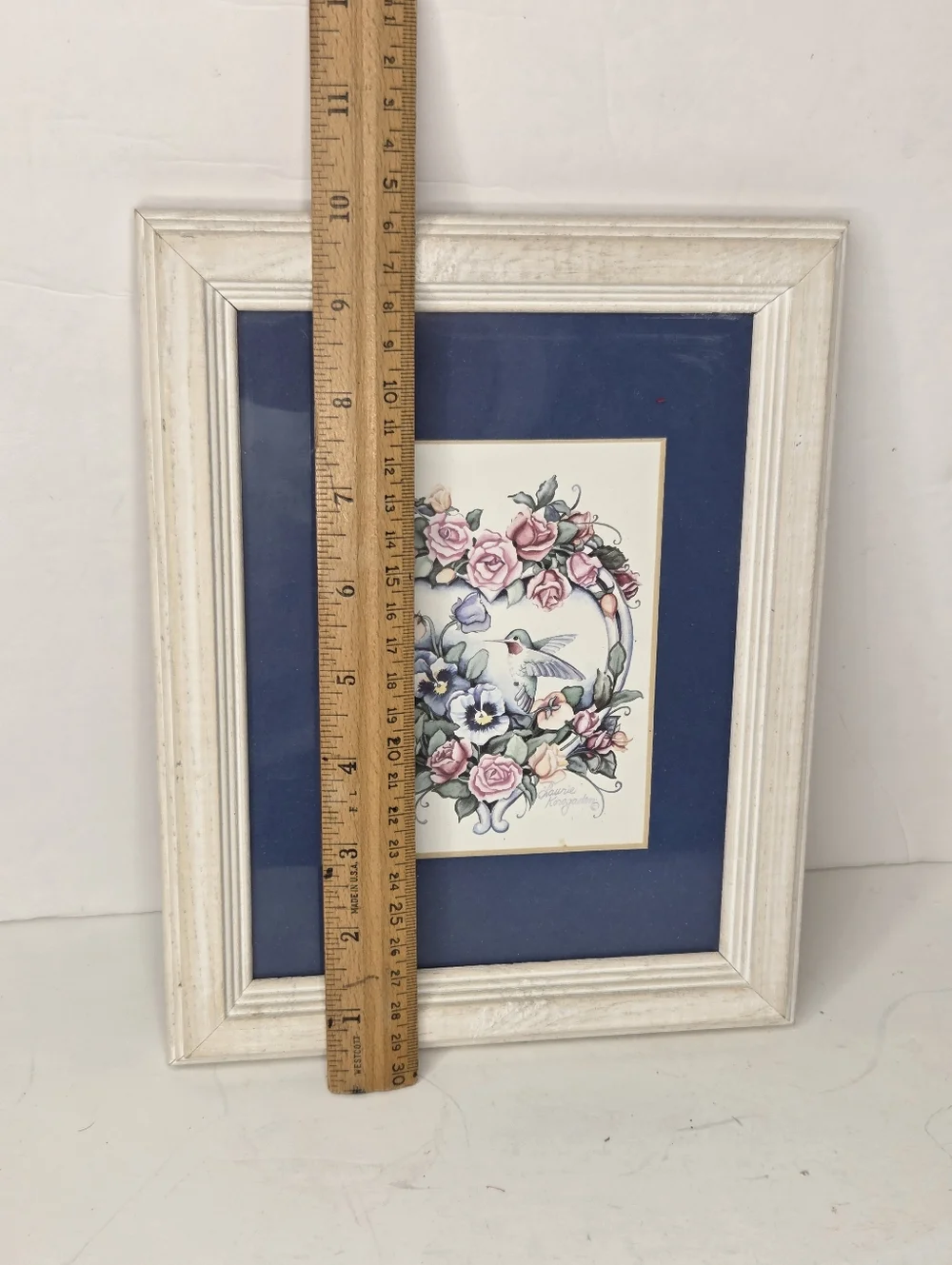 Vintage 90s Blue Hummingbird Floral Wooden Wall Decor Set Laurie Korsgaden
